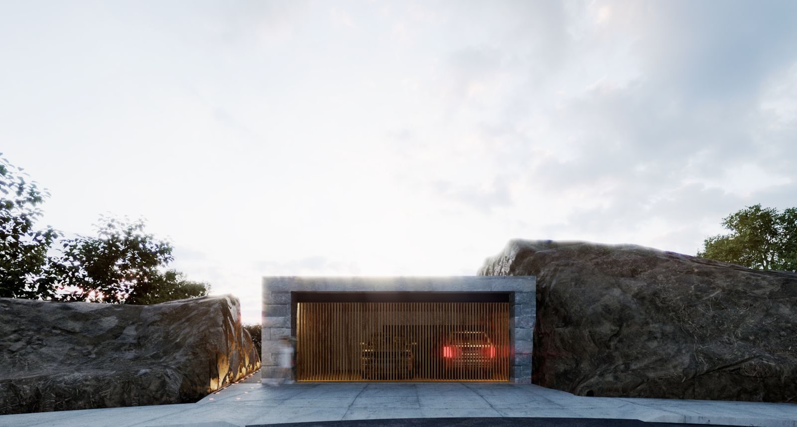 Casa de descanso entre rocas con cochera de madera iluminada al atardecer