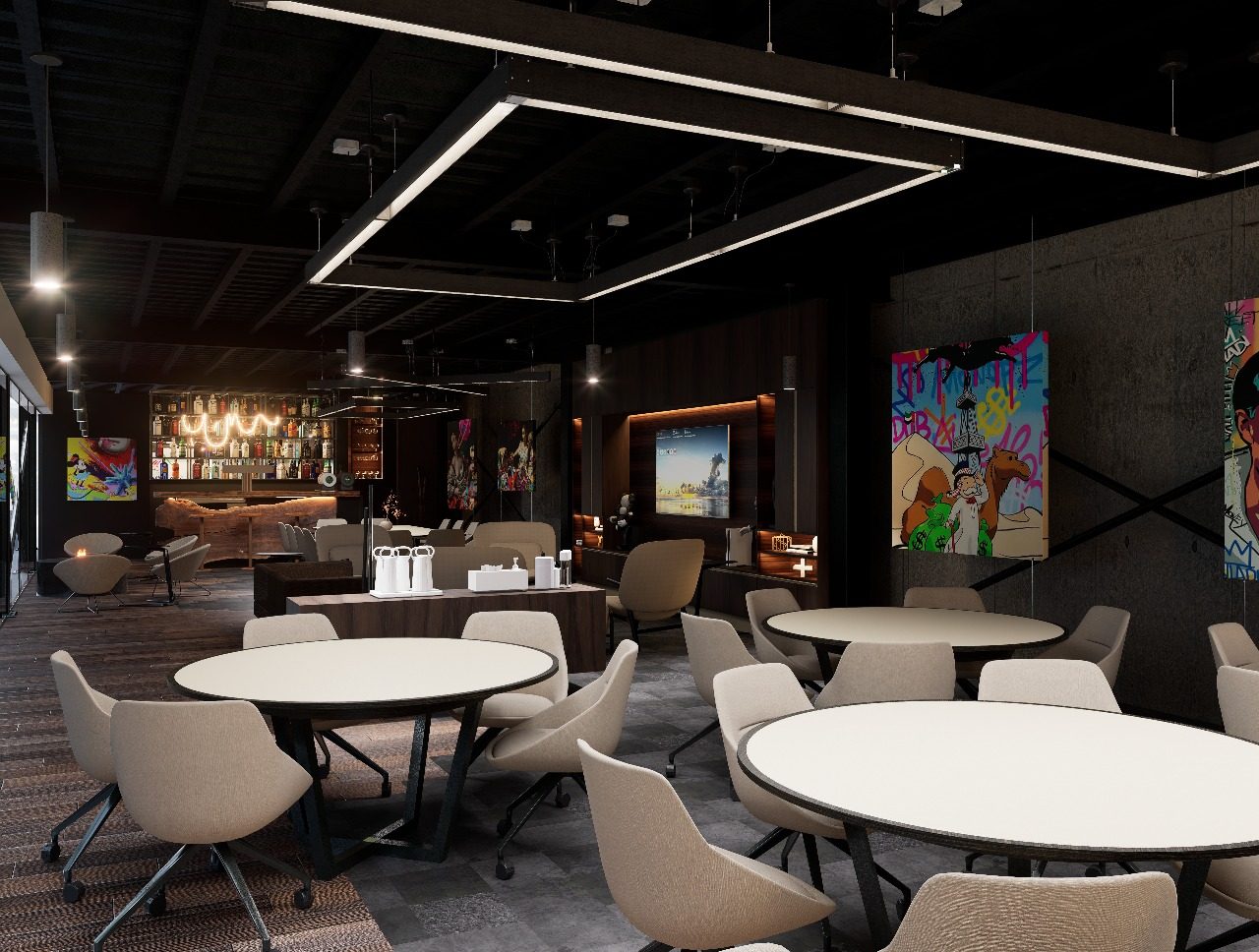 Grupo AM: lounge corporativo oscuro con arte contemporáneo y bar interior